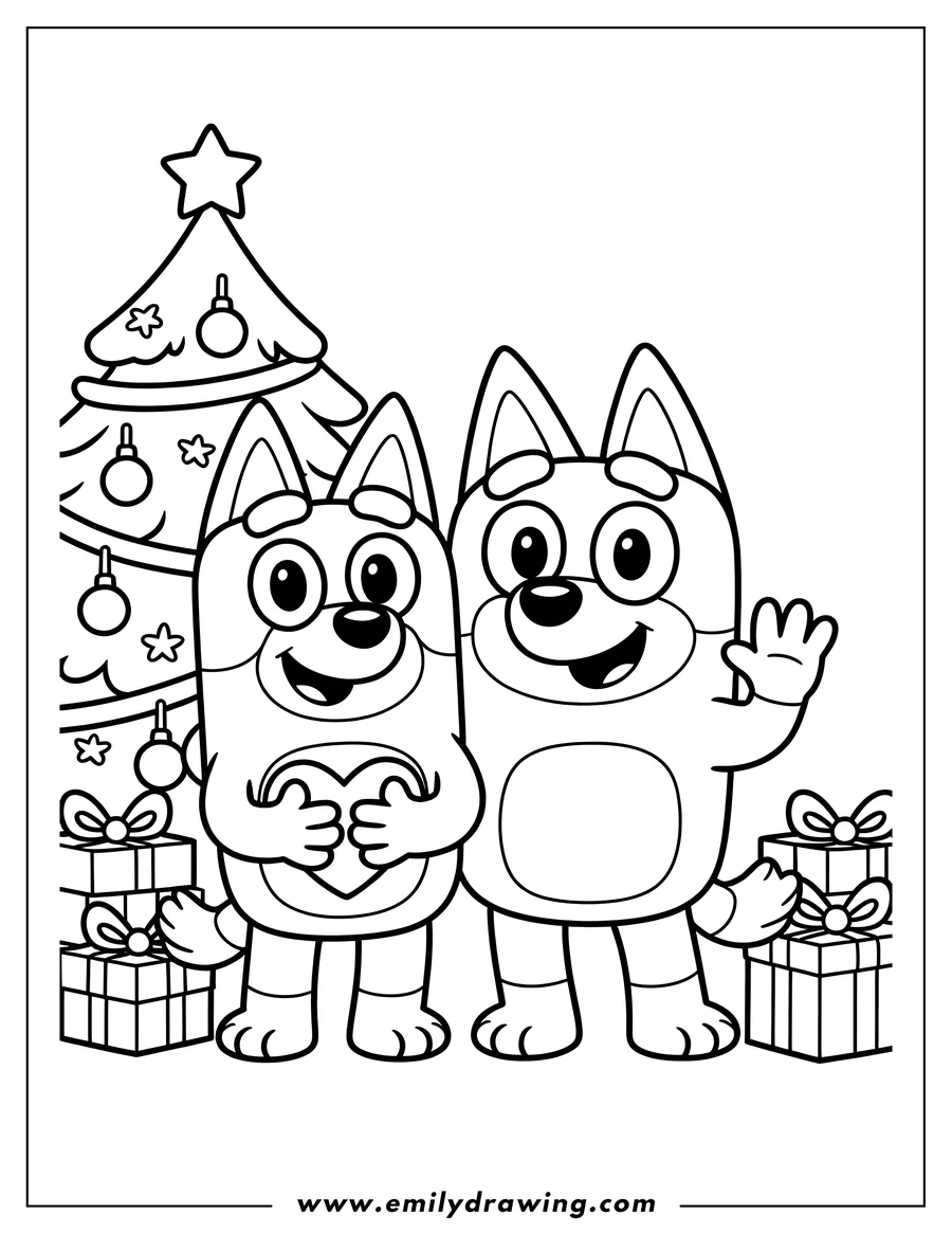 Line art of Bluey and Bingo standing in front of a Christmas tree decorated with ornaments and a star, with several wrapped presents around them. Bluey is holding a heart, and Bingo is waving.