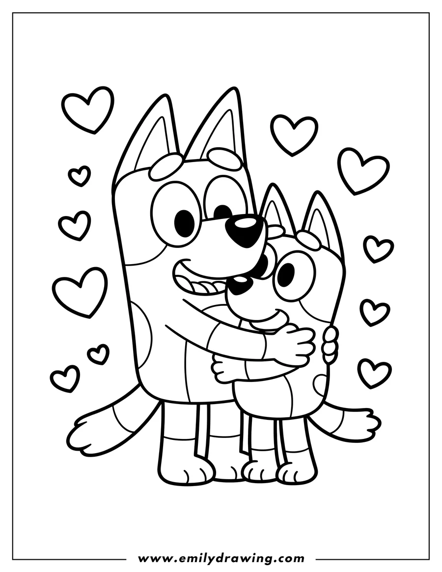 Outline of Bluey and Bingo hugging, with several small hearts floating around them.