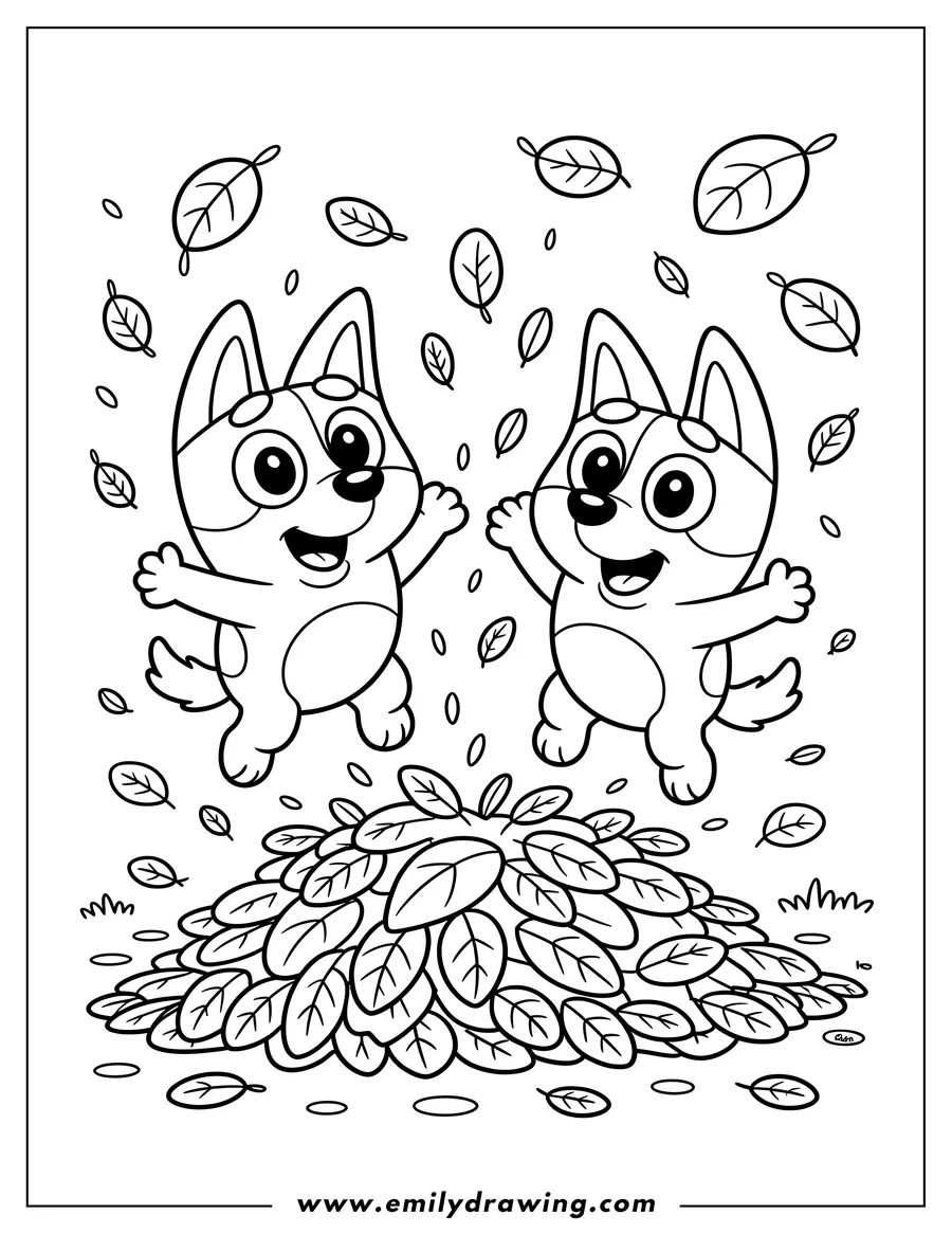 Line art of Bluey and Bingo, two cartoon dog characters, happily jumping in a large pile of autumn leaves, with more leaves falling around them.