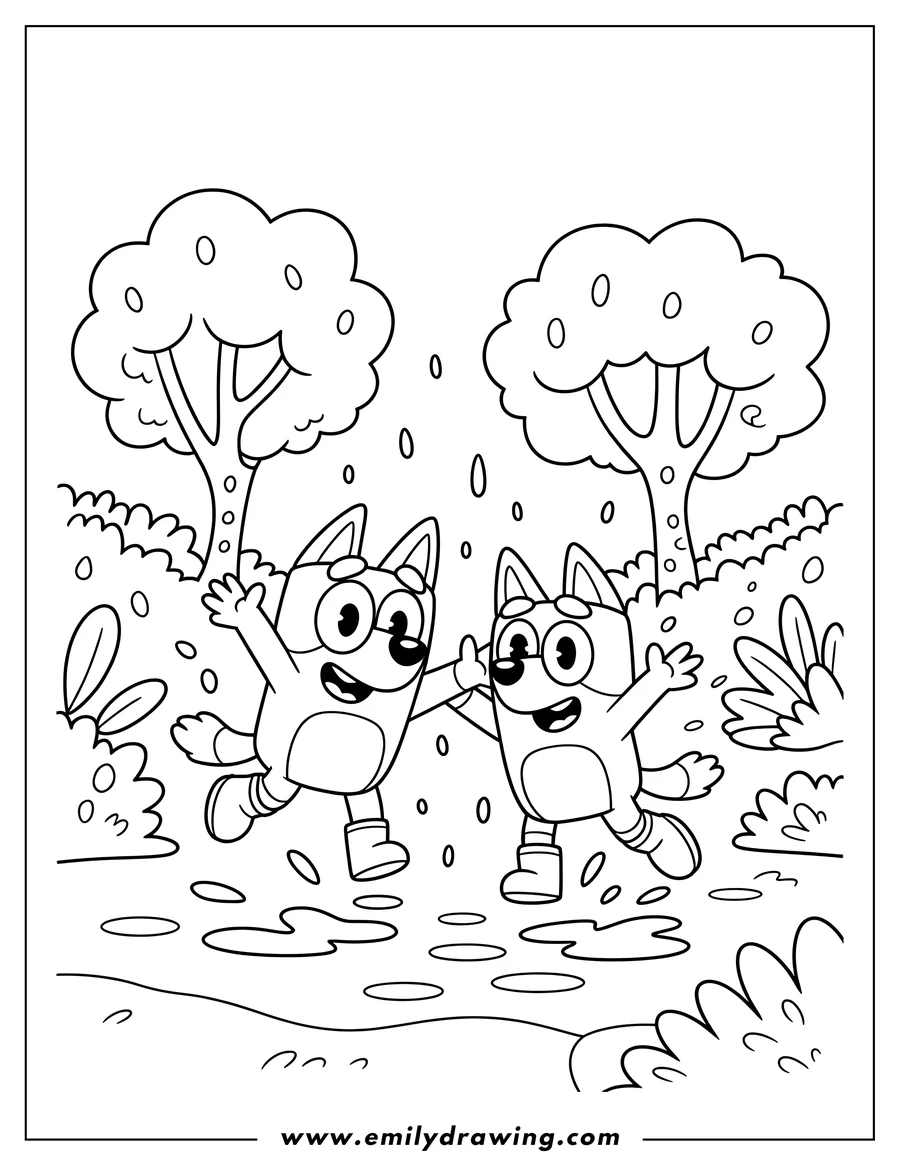 Line art of Bluey and Bingo, characters from the children's show Bluey, playing together in the rain with puddles on the ground and trees in the background.