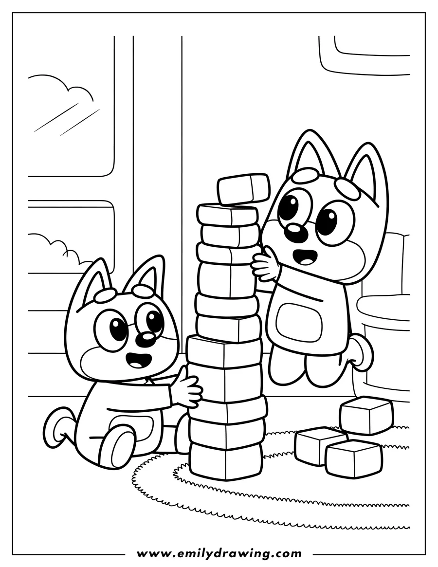 Outline of Bluey and Bingo, two cartoon dog characters, stacking blocks into a tall tower on the floor.