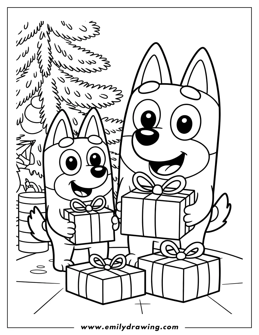 Line art of Bluey and Bingo holding presents, with a Christmas tree in the background and more gifts on the floor.