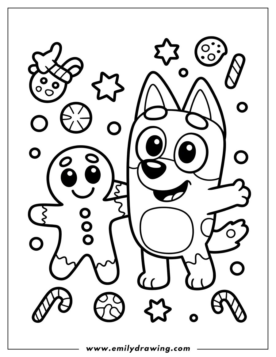 Line art of Bluey the dog character standing next to a gingerbread man, surrounded by various cookies, stars, and candy canes.