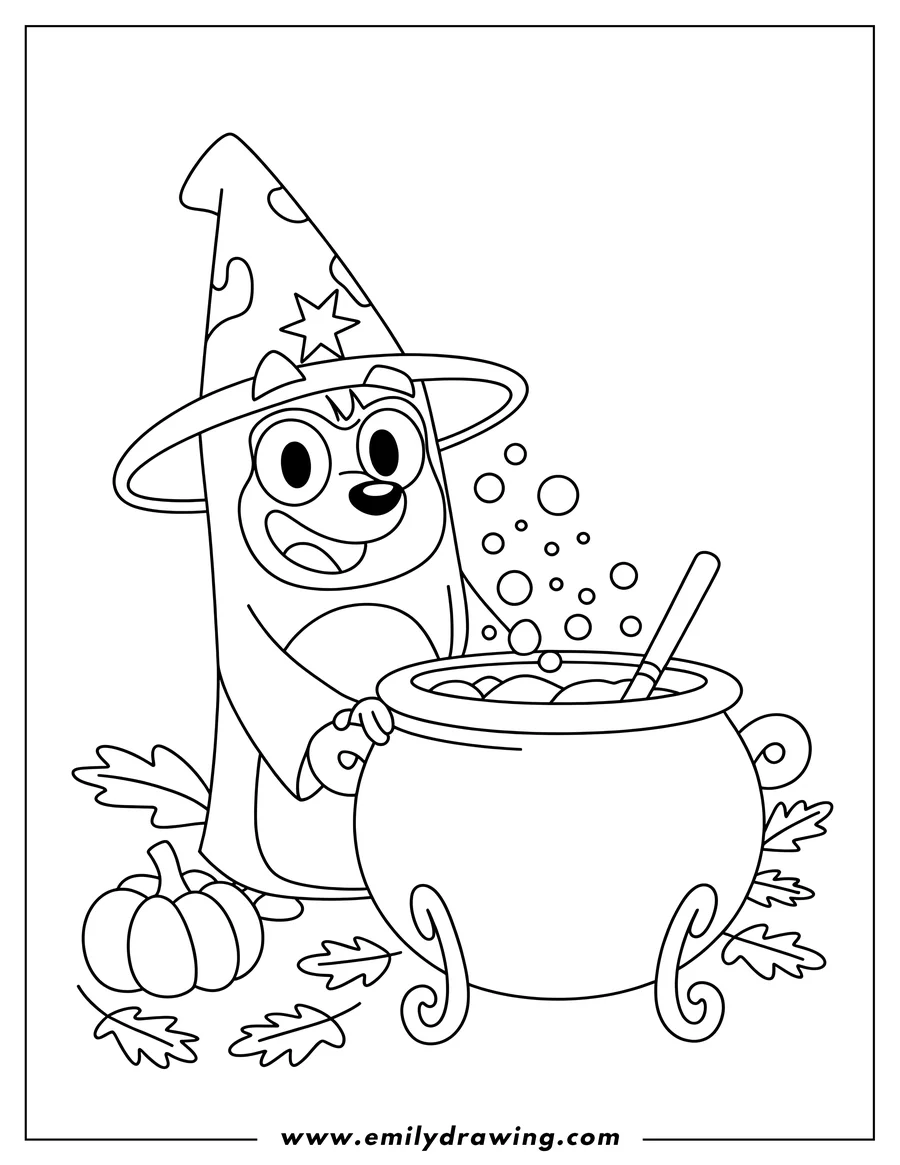 Line art of Bluey dressed as a witch, stirring a bubbling cauldron, with autumn leaves and a pumpkin nearby.
