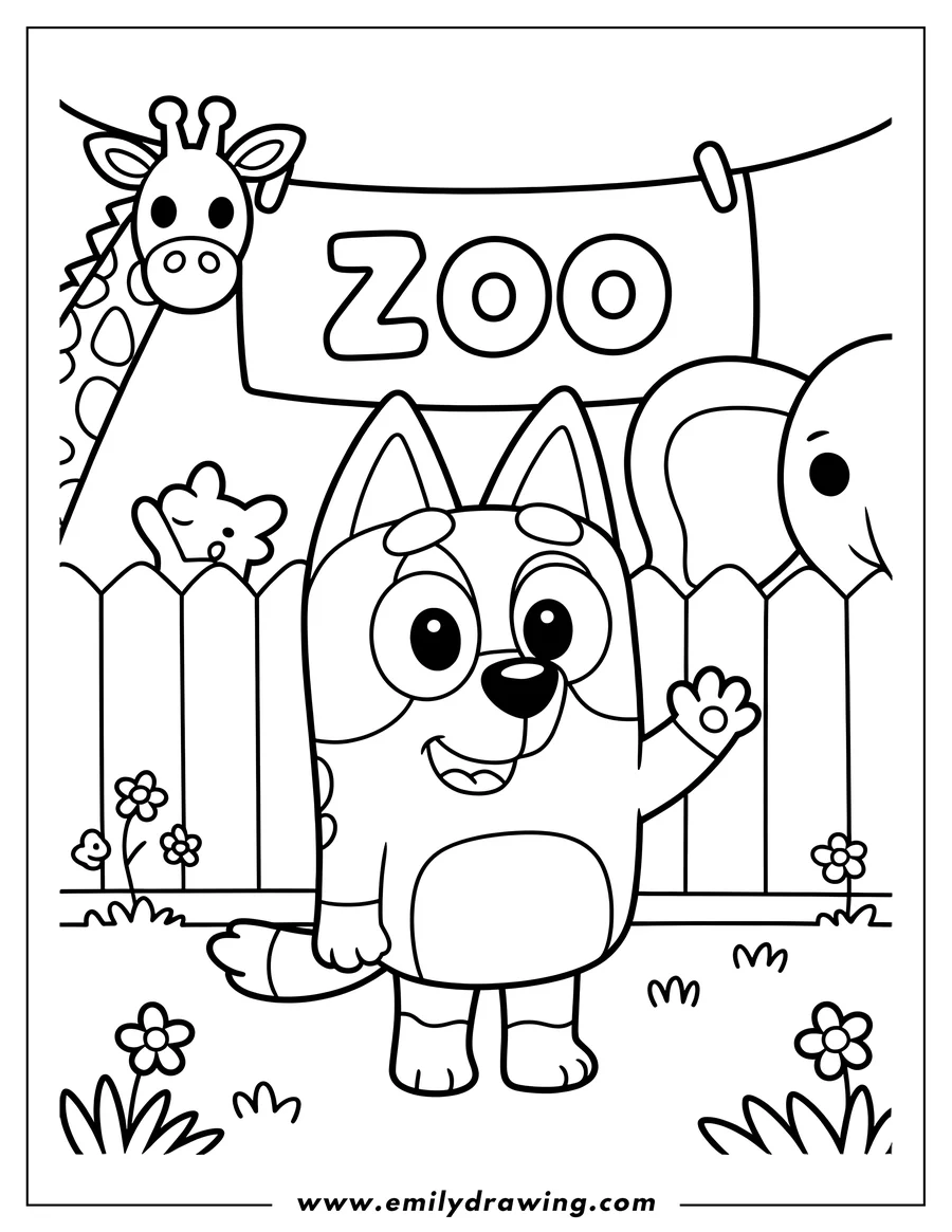 Line art of Bluey waving at a zoo, with a giraffe and an elephant visible behind a fence, and a 'ZOO' sign overhead.