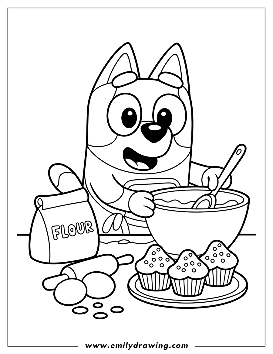 Outline of Bluey, a cartoon dog, happily stirring batter in a bowl with a spoon, next to a bag of flour, eggs, a rolling pin, and three baked cupcakes on a plate.