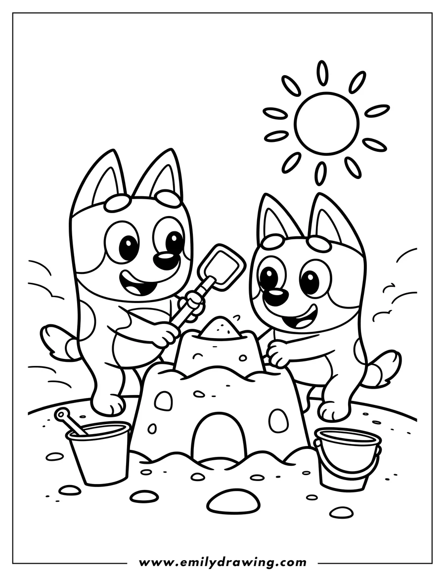 Outline of Bluey and Bingo building a sandcastle on a sunny beach. Bluey holds a shovel while Bingo shapes the sand with her hands, with buckets nearby.