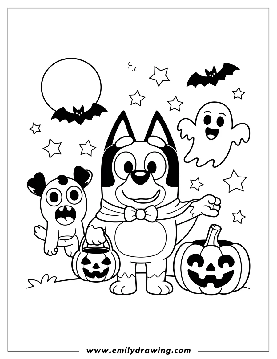 Line art of Bluey dressed in a costume, holding a pumpkin trick-or-treat pail, next to Bingo who is also in a costume. A carved pumpkin sits beside them, with a friendly ghost, bats, and stars in the background.