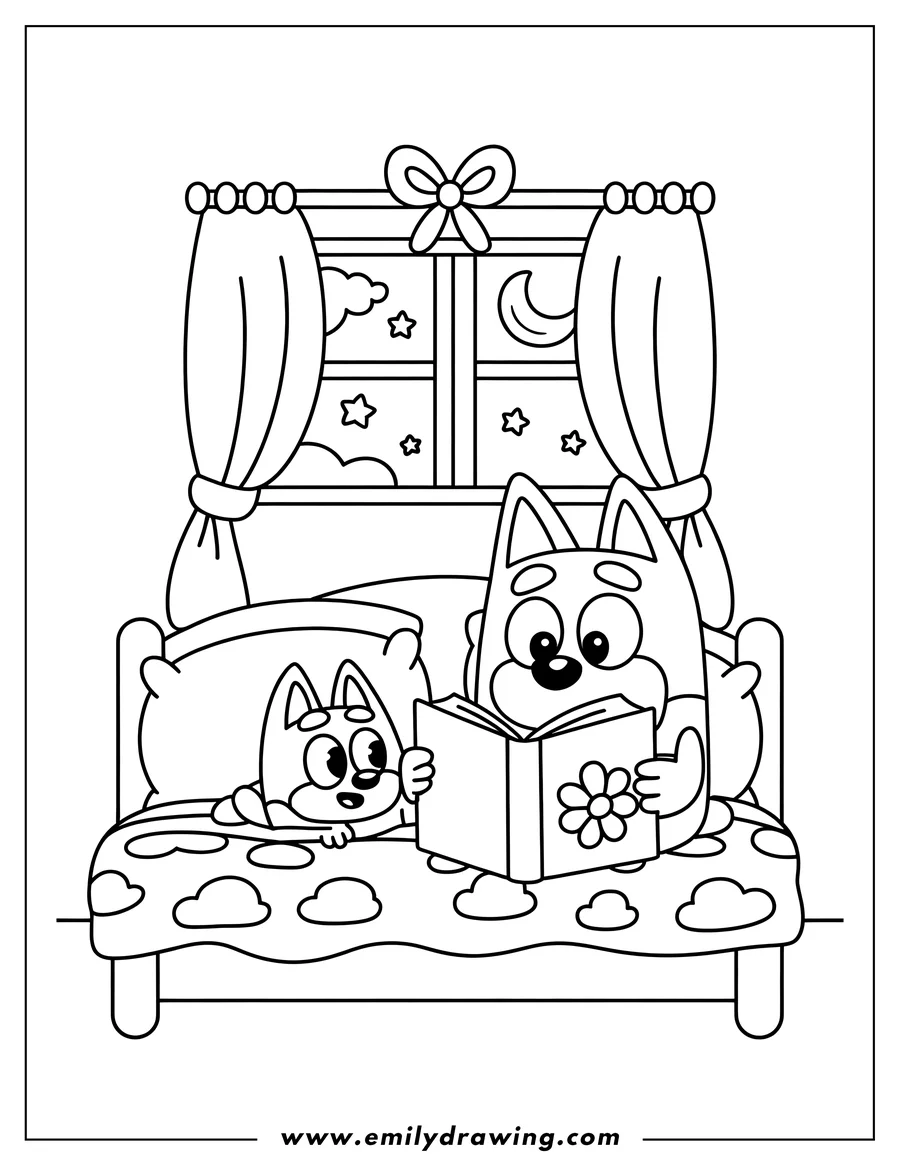 Line art of Bluey and Bingo in bed, with one character reading a book and the other listening, next to a window showing the moon and stars.