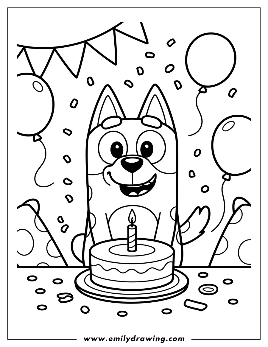 Line art of Bluey, the cartoon dog, smiling widely behind a birthday cake with a lit candle, surrounded by balloons, confetti, and party banners.