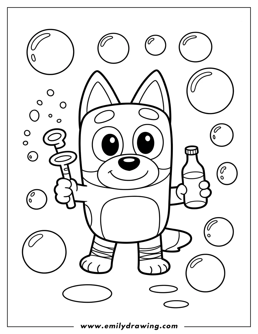 Line art of Bluey, a cartoon dog, holding a bubble wand and a bottle of bubble solution, surrounded by many bubbles.