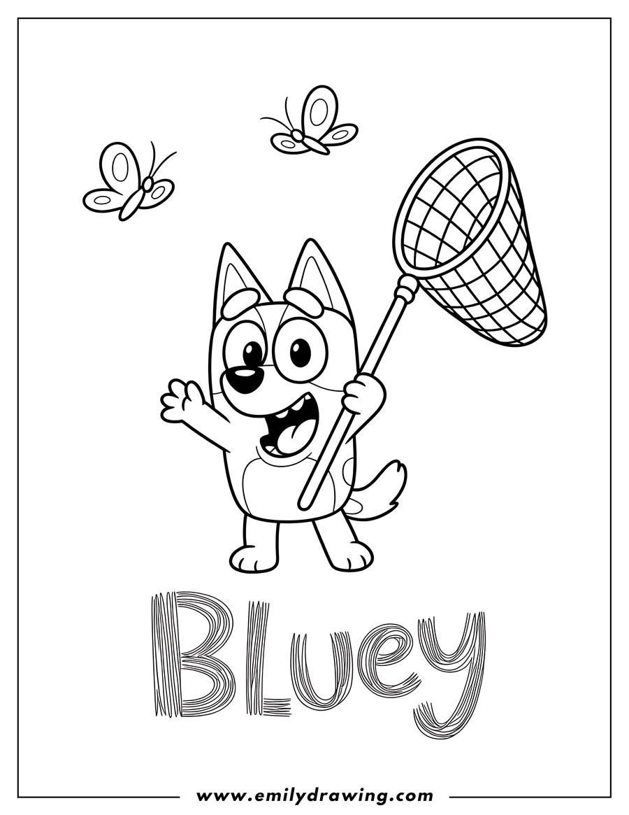 Line art of Bluey, a cartoon dog, holding a butterfly net with two butterflies flying above. The word 'Bluey' is written below.