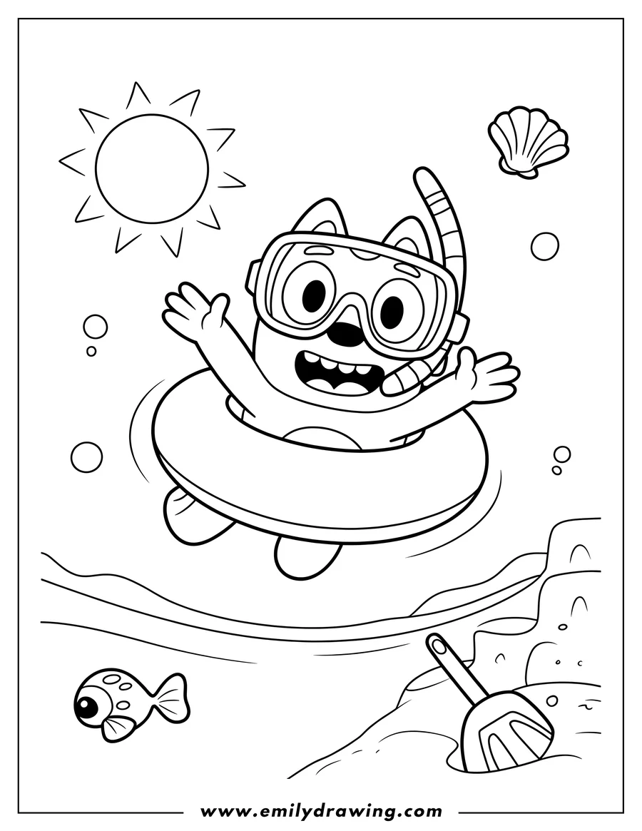 Outline of a Bluey-style character wearing a snorkel mask and inner tube, swimming in water under a shining sun. A small fish, seashell, and a sand shovel are also visible.