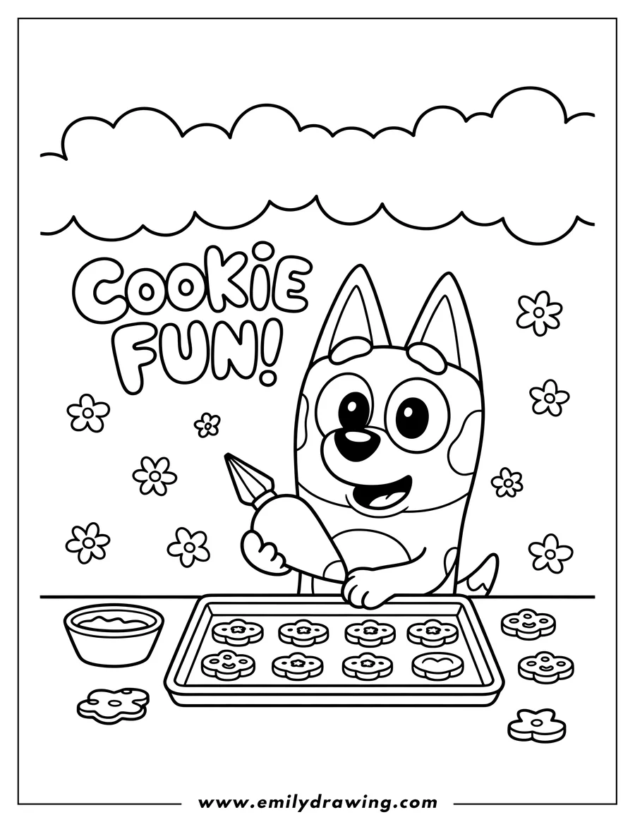 Line art of Bluey the dog decorating cookies with an icing bag. There's a tray of cookies, a bowl of frosting, and more cookies on the table. The words 'COOKIE FUN!' are above Bluey.