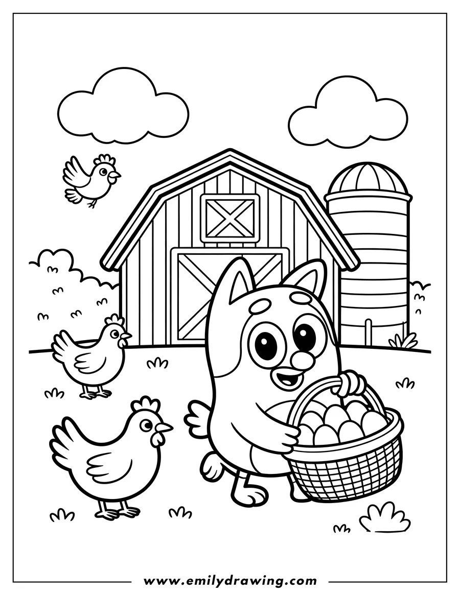Outline of Bluey holding a basket full of eggs at a farm with chickens, a barn, and a silo in the background.