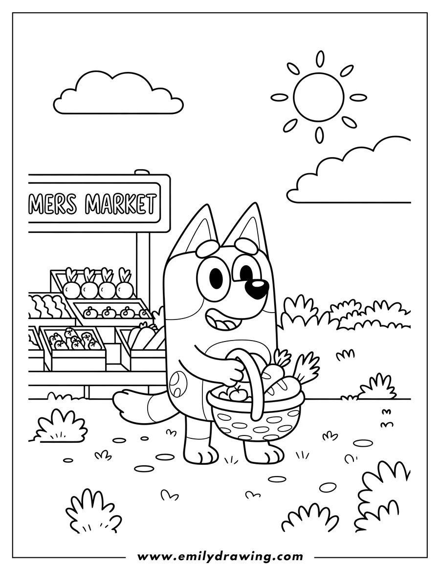 Outline of Bluey holding a basket of produce at a farmers market stand with vegetables displayed, under a sunny sky.