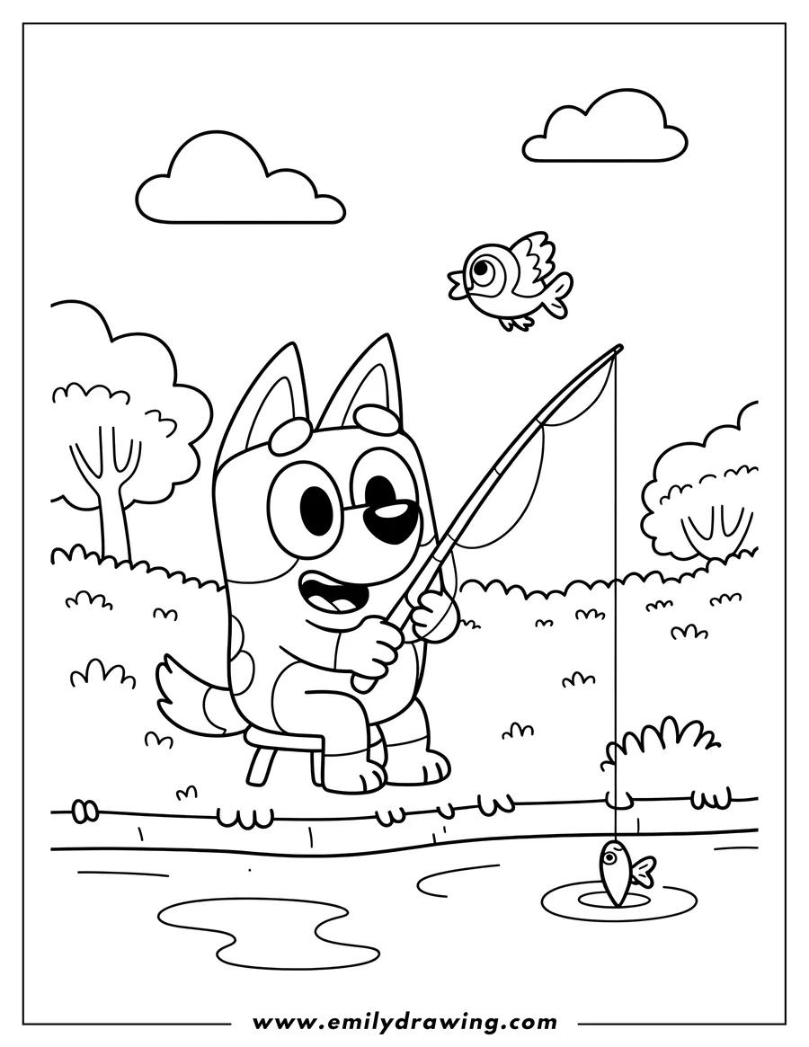 Line art of Bluey fishing in a pond, sitting on a small stool with a fish on her hook, while a bird flies overhead.