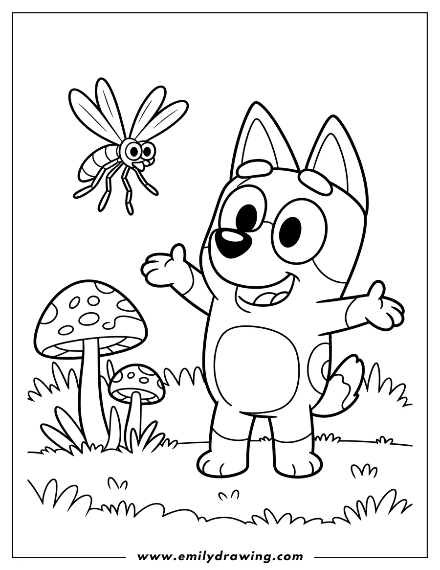 Outline of Bluey standing in a grassy field with two spotted mushrooms, looking up at a cartoon mosquito-like insect flying nearby.