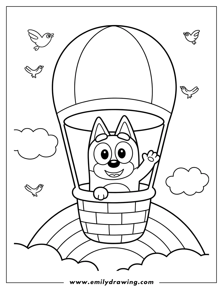 Line art of Bluey waving from inside a hot air balloon, with a rainbow arching below, fluffy clouds, and small birds flying around.