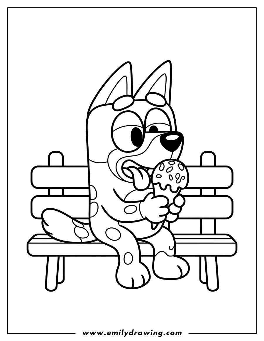 Outline of Bluey sitting on a park bench, holding an ice cream cone with sprinkles and her tongue sticking out.
