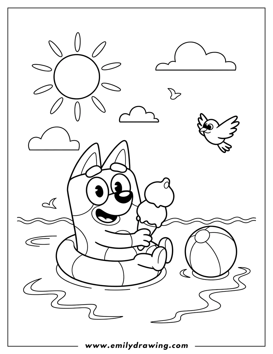 Outline of Bluey floating in the water in an inflatable ring, holding an ice cream cone. A beach ball floats next to Bluey, with a smiling sun, clouds, and birds in the background.