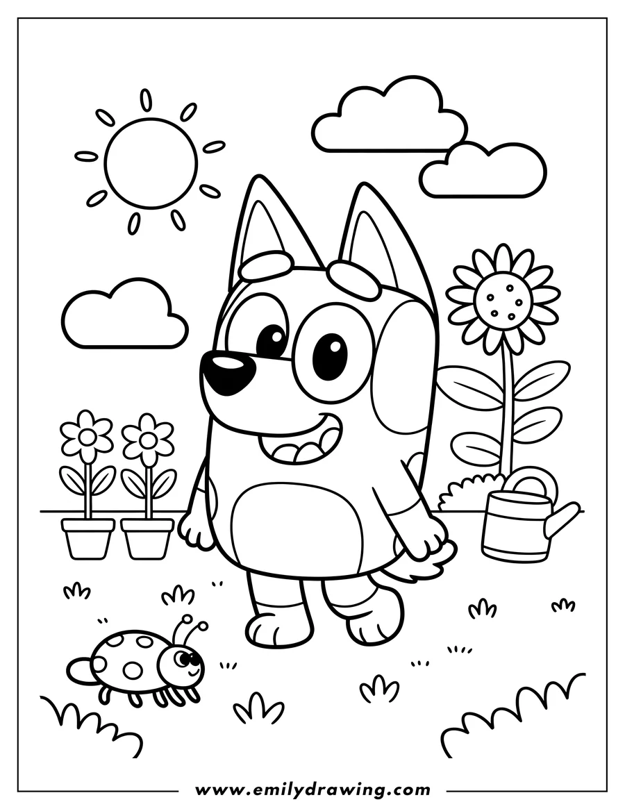 Outline of Bluey the dog standing happily in a garden with potted flowers, a large sunflower, a watering can, a ladybug, sun, and clouds.