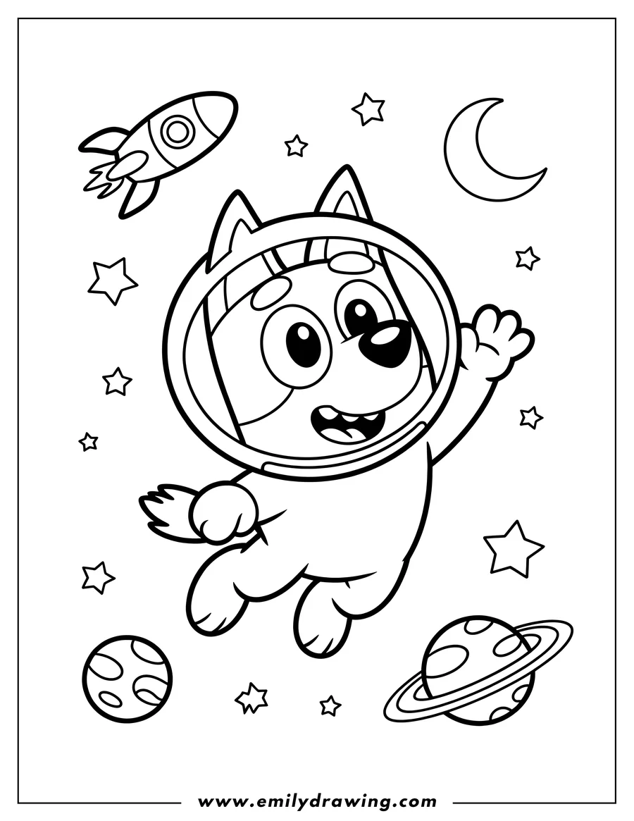 Line art of Bluey, the dog character, wearing a space helmet and floating in outer space with a rocket, stars, moon, and planets around her.
