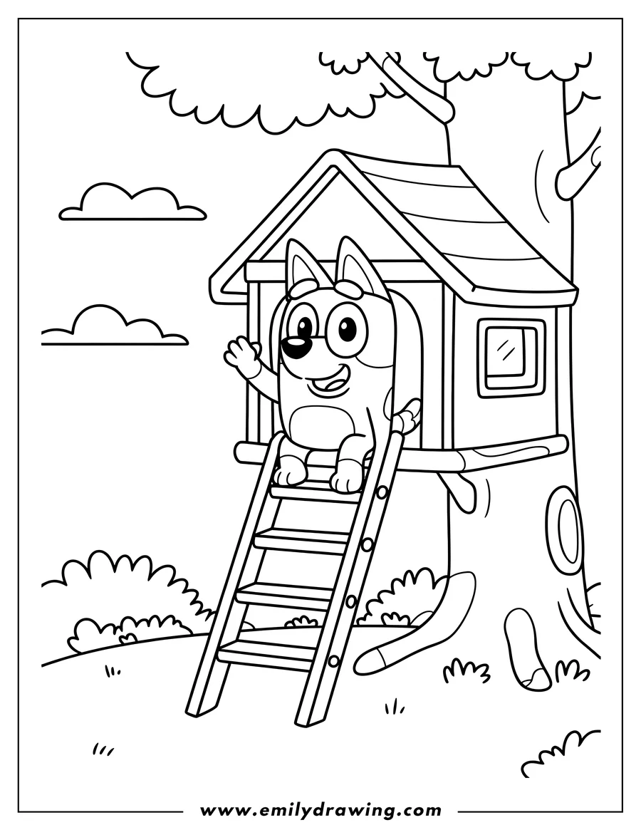 Line art of Bluey, the cartoon dog, waving from the entrance of a wooden treehouse with a ladder leading down to the ground.