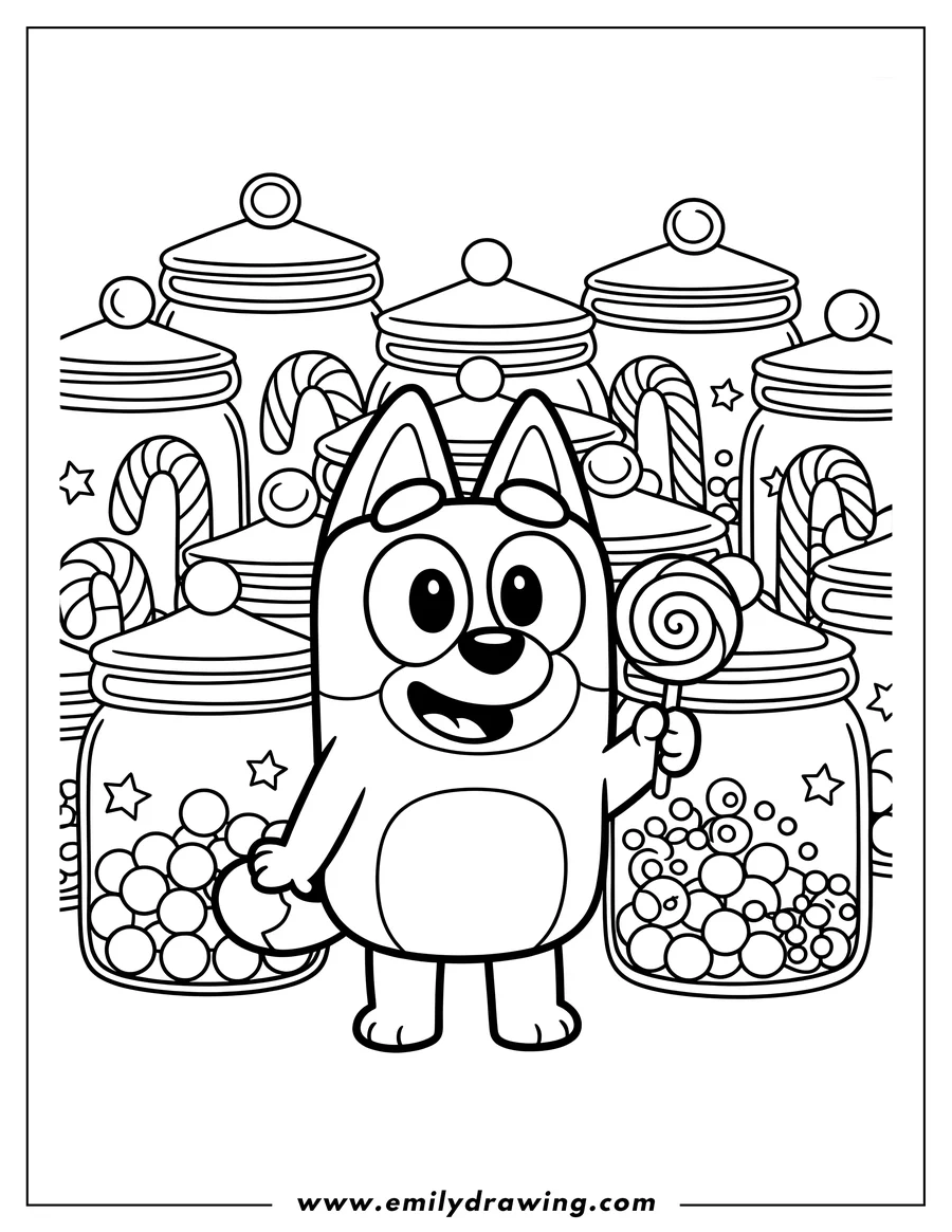 Outline of Bluey holding a swirly lollipop, standing in front of many jars filled with candy canes and round candies.