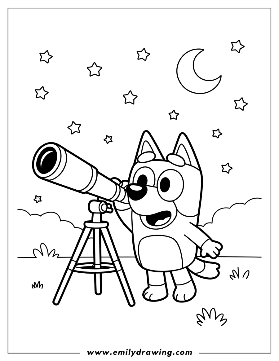 Outline of Bluey, the cartoon dog, looking through a large telescope mounted on a tripod at night. Stars and a crescent moon are visible in the sky.