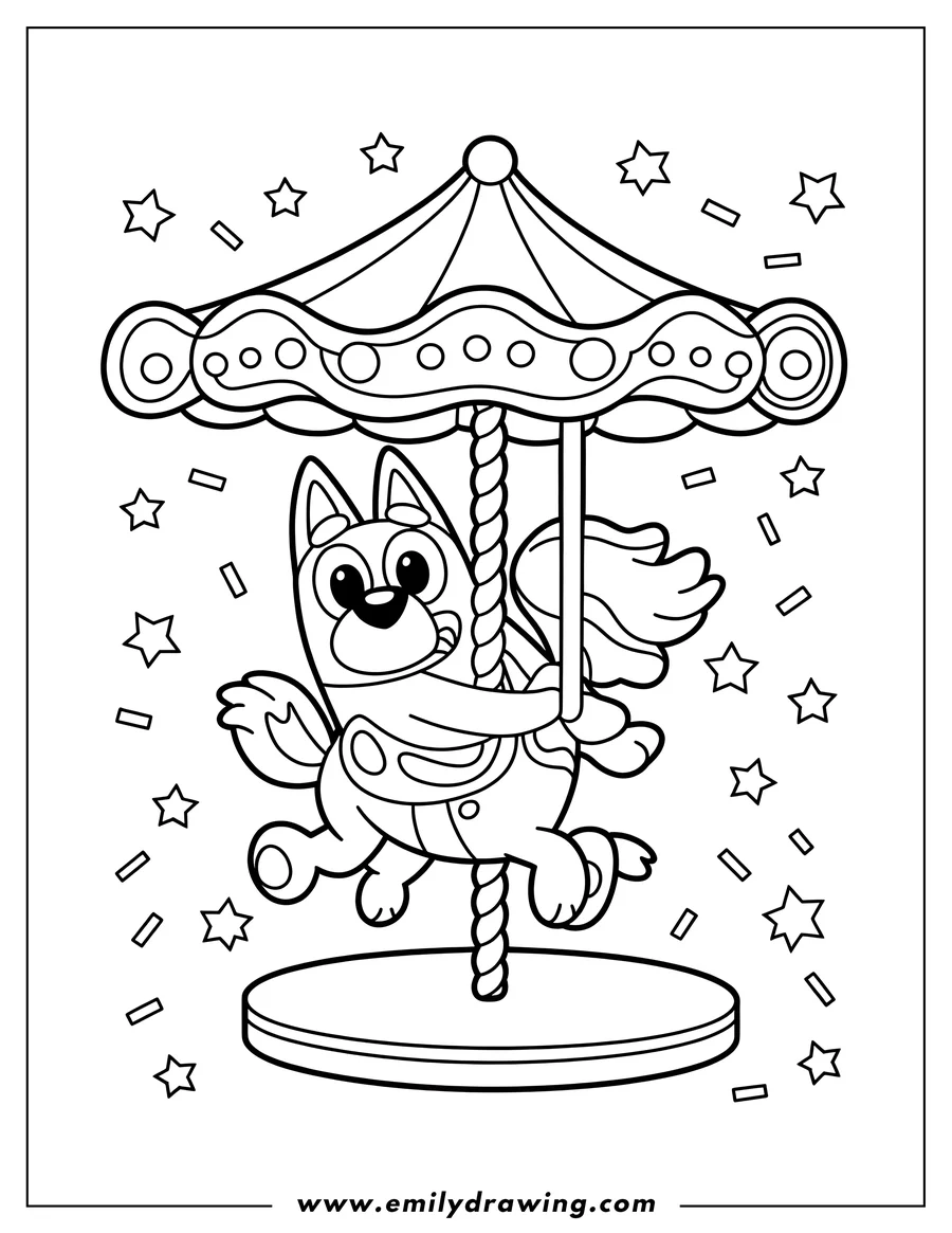 Line art of Bluey riding a carousel horse, with stars and confetti floating around