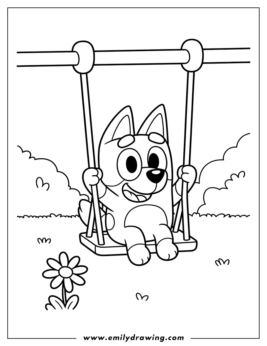 Outline of Bluey the dog character sitting happily on a swing set outdoors with a flower and clouds in the background.