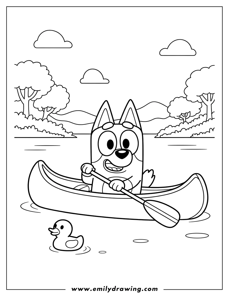 Line art of Bluey, the cartoon dog, happily paddling a canoe on a lake with a small rubber duck in the water nearby. The background shows trees, hills, and clouds.