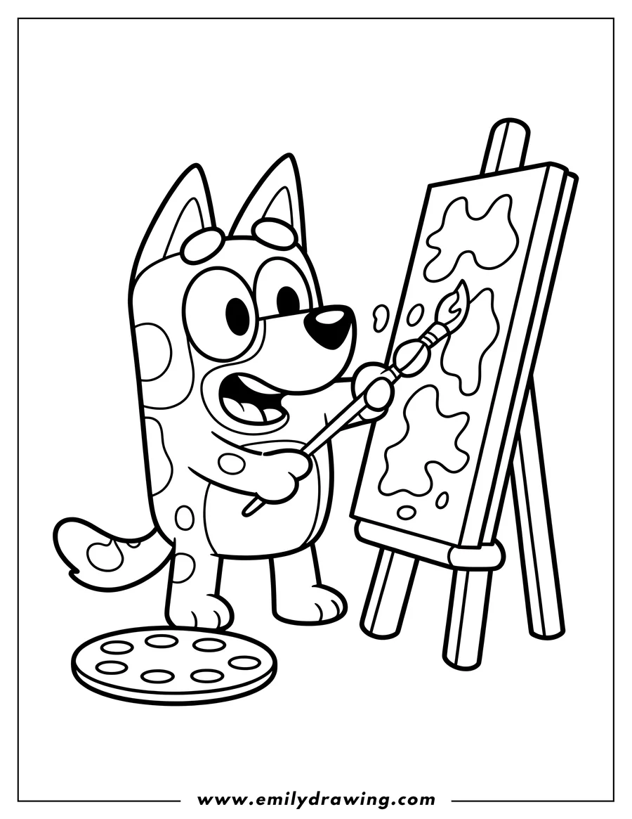 Line art of Bluey, the cartoon dog, happily painting at an easel with a brush and palette.