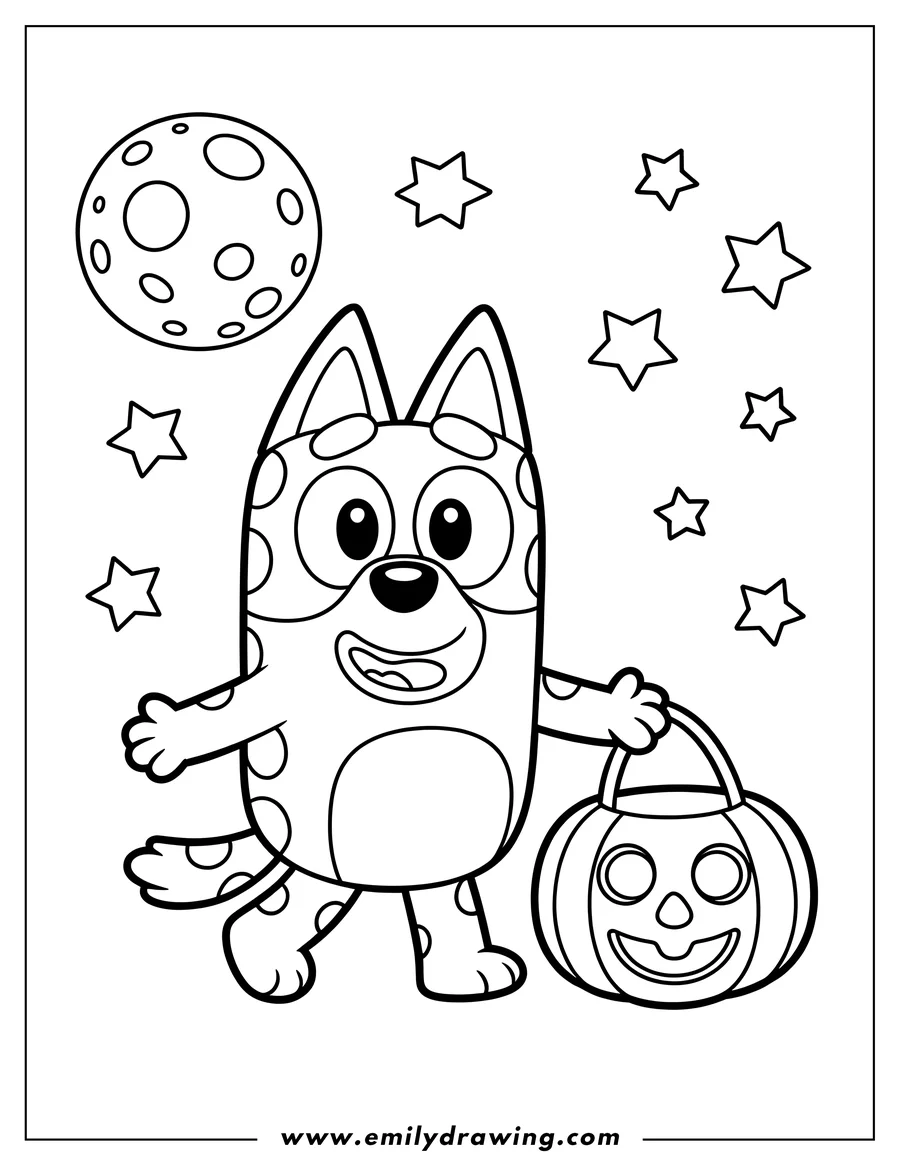 Outline of Bluey holding a jack-o'-lantern pumpkin basket under a full moon and several stars.