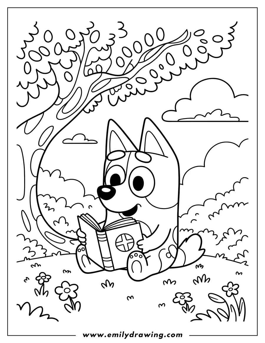 Line art of Bluey, the cartoon dog, sitting and reading a book under a large tree, with clouds and flowers in the background.