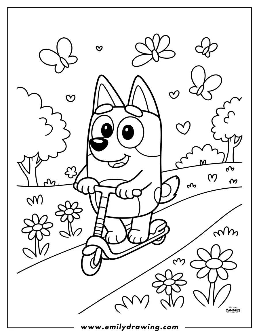 Outline of Bluey, the cartoon dog, happily riding a scooter on a path in a park with flowers, trees, and butterflies flying around.
