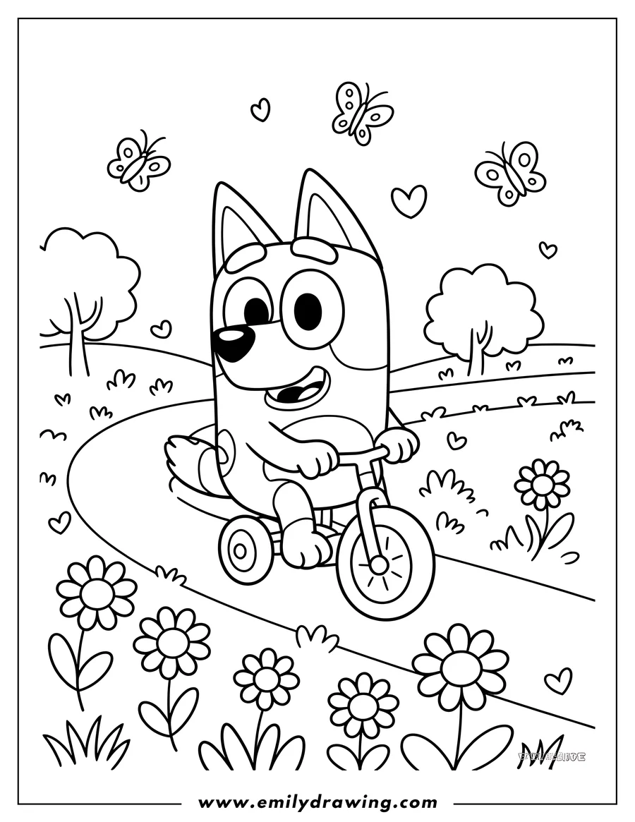 Line art of Bluey, the cartoon dog, riding a small tricycle on a winding path. Butterflies and flowers are visible in the background.
