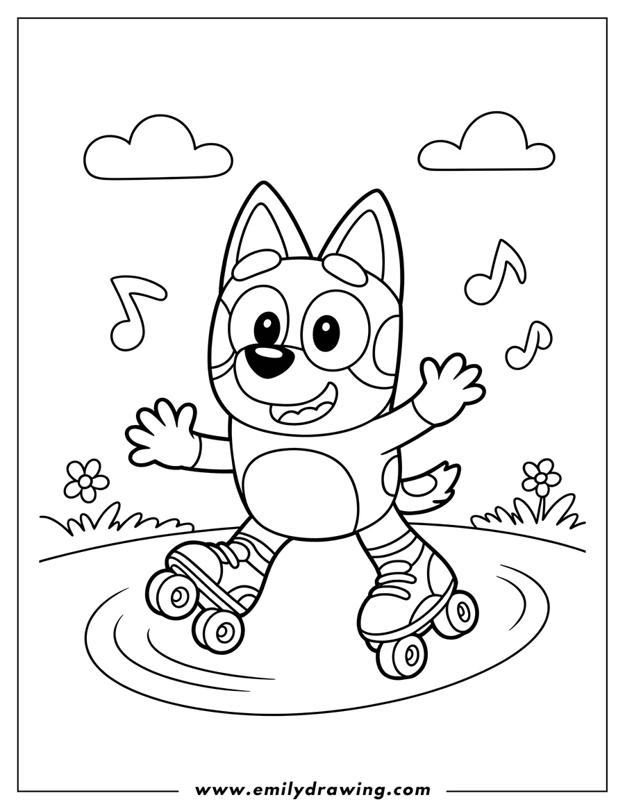 Outline of Bluey the dog character from the cartoon, happily roller skating with musical notes and clouds in the background.