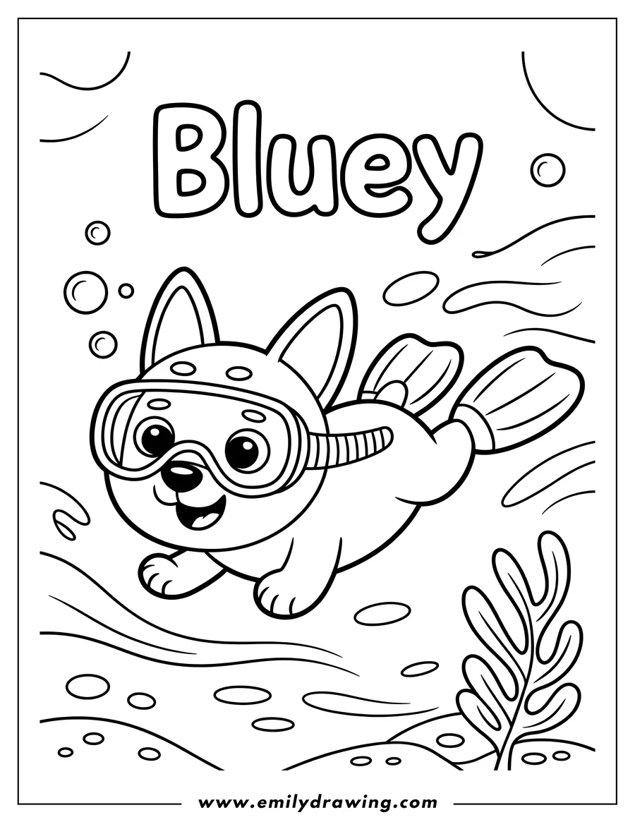 Outline of Bluey the dog character swimming underwater with a snorkel mask and flippers, surrounded by bubbles and seaweed.