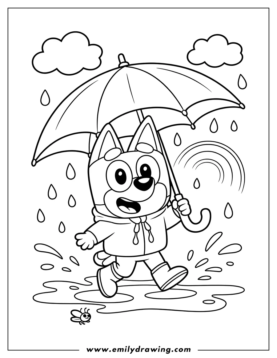 Outline of Bluey, the cartoon dog, happily walking with an umbrella in the rain, splashing in puddles, with clouds and raindrops in the background.