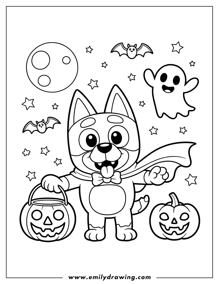 Line art of Bluey dressed as a vampire, holding a jack-o'-lantern bucket, with another jack-o'-lantern nearby. A ghost, bats, stars, and a moon are in the background.