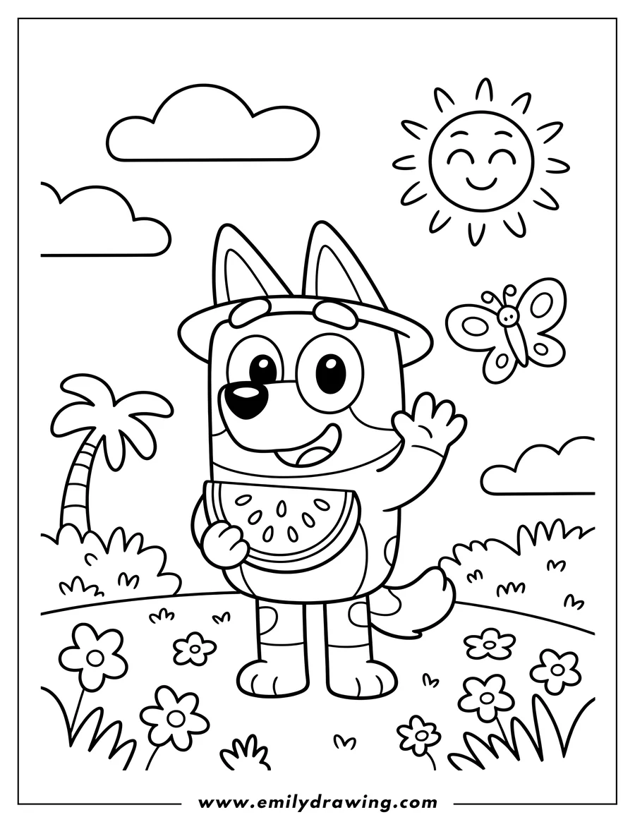 Outline of Bluey holding a watermelon slice in a sunny garden with flowers, clouds, and a butterfly.