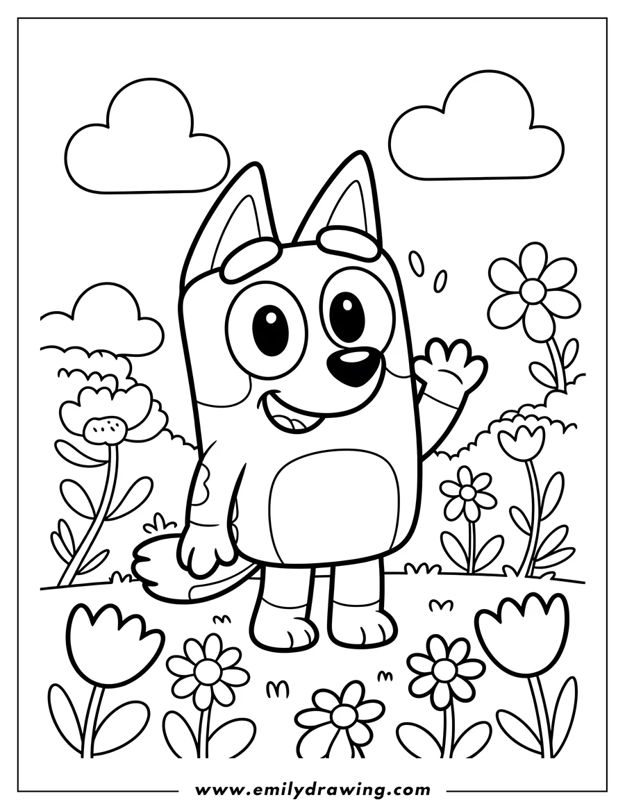 Outline of Bluey the dog waving with a big smile, standing in a garden with various flowers and clouds.