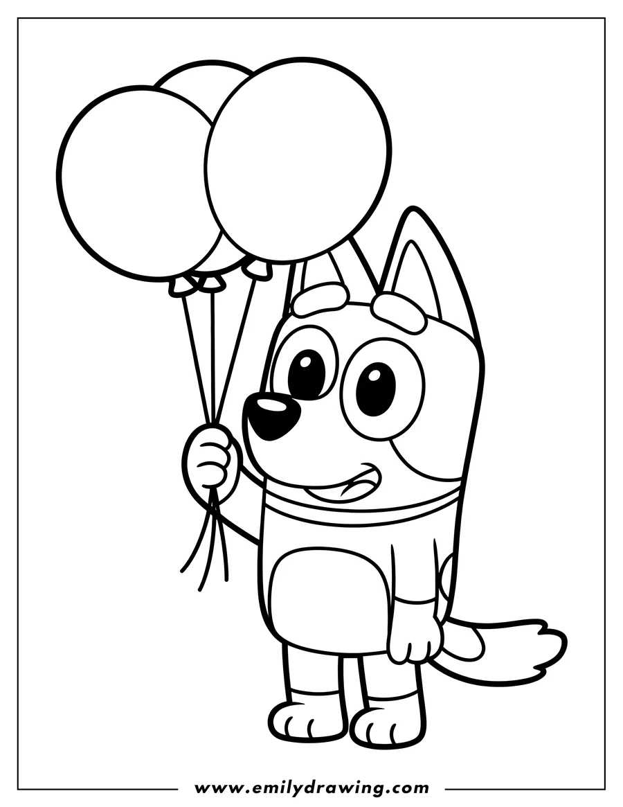 Line art of Bluey, the cartoon dog, standing and holding a bunch of three balloons with a happy expression.