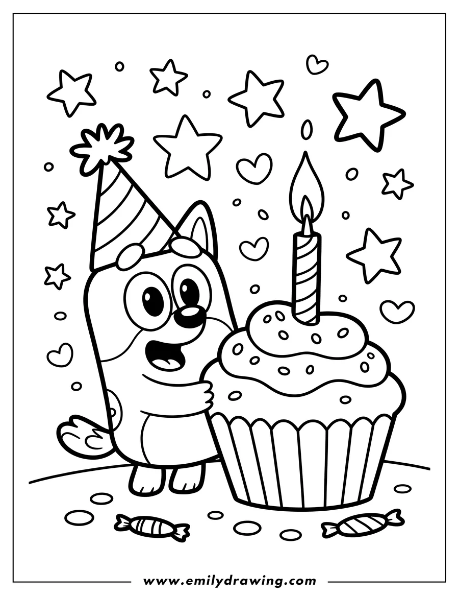 Outline of Bluey wearing a party hat, standing next to a large birthday cupcake with a lit candle, surrounded by stars and candy.