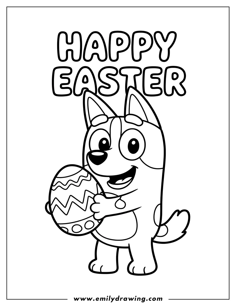 Line art of Bluey, the cartoon dog, holding a decorated Easter egg, with the words 'HAPPY EASTER' above her.