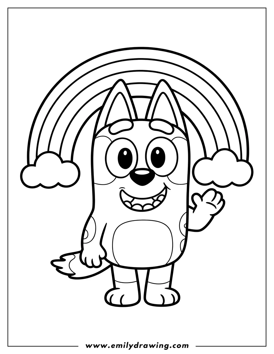 Line art of Bluey, the cartoon dog, smiling and waving with a rainbow and two clouds behind her.