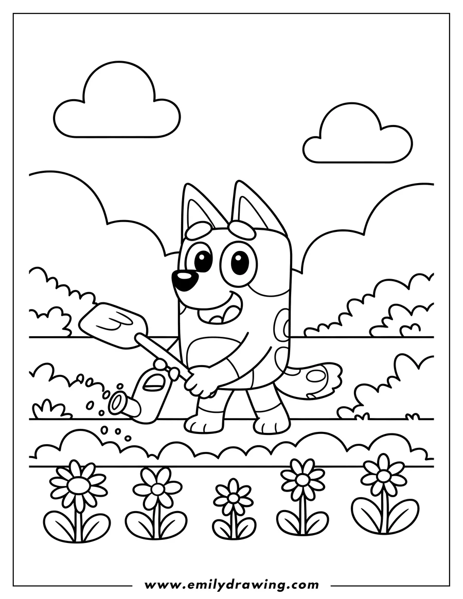 Outline of Bluey holding a small shovel and a watering can, standing in a garden with rows of flowers and bushes, under two clouds.