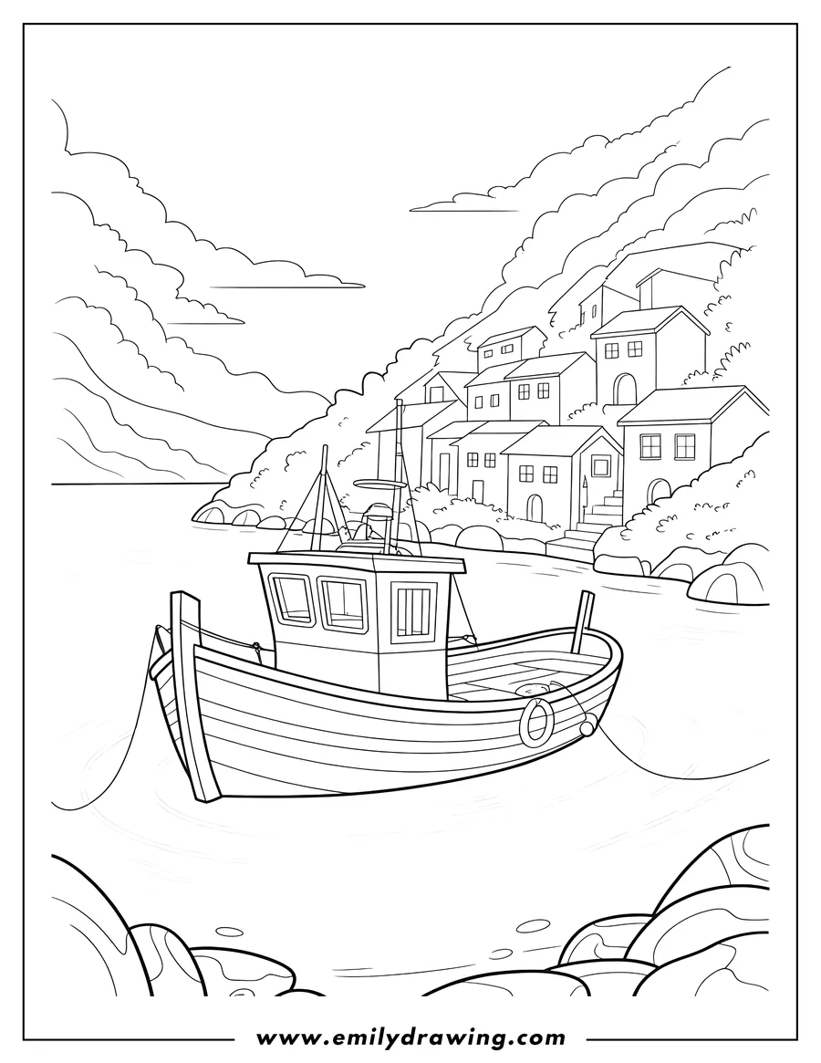 Outline of a small boat anchored near a coastal village. Rocks are visible in the foreground, and the background includes houses and a cloudy sky.